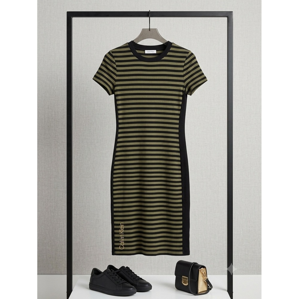 Calvin Klein Womens Olive Green Black Striped Short Sleeve Bodycon T-Shirt Dress
